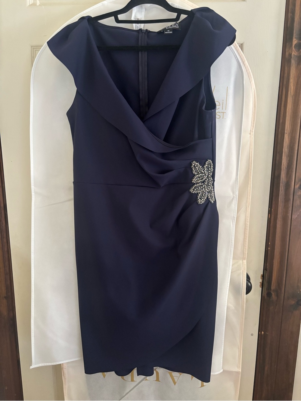 Alex Evenings Navy Midi Dress with Beaded Floral Accent